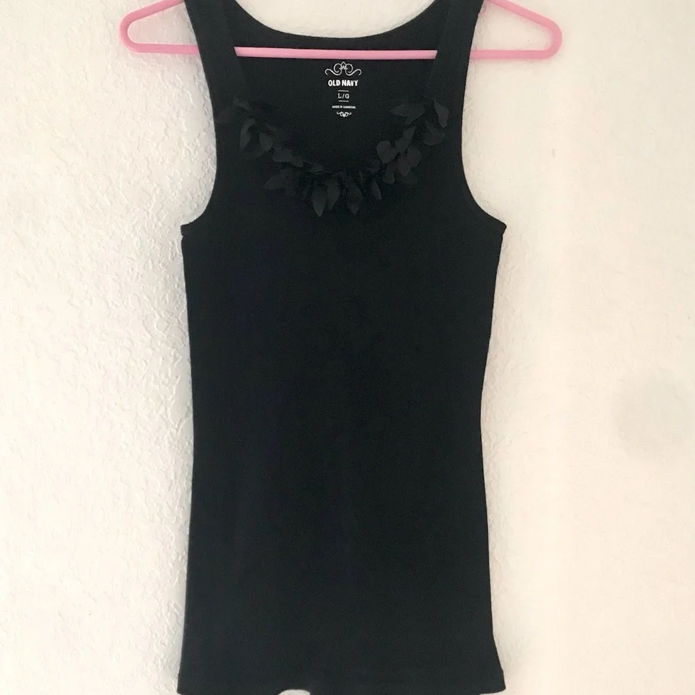 Old Navy Black Ribbed “Silky Leaves” Collar Tank Top Size Small Vintage Sz L EUC